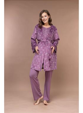 RİMEL  Kadife Sabahlıklı %100 Pamuk Lohusa Pijama Takımı 628 